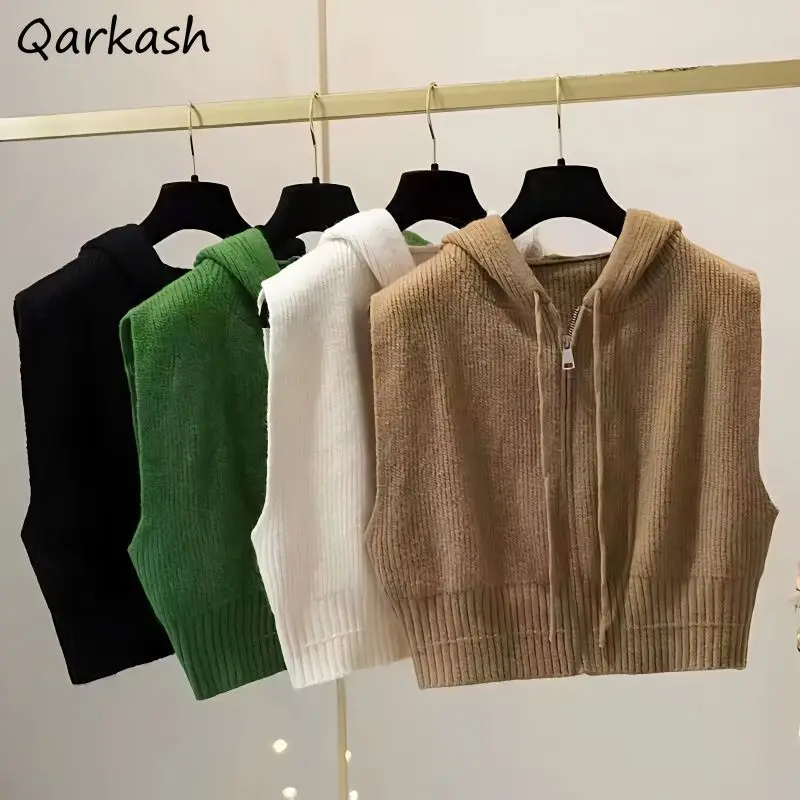 

Hooded Sweater Vests for Women Autumn Winter Simple 5 Colors Knitted Tops Cute Drawstring Fashion Casual Students Zip-up Clothes