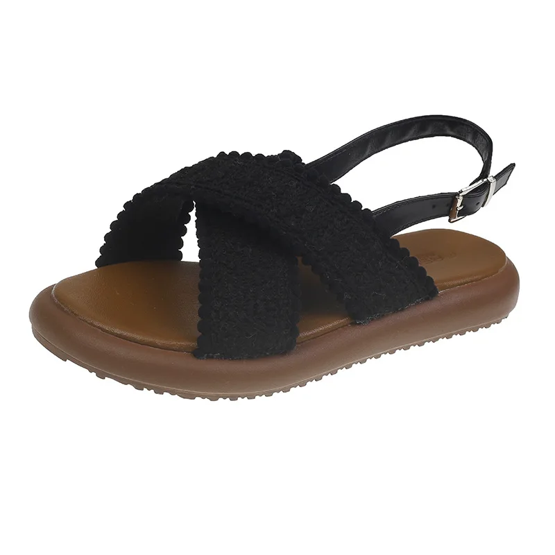 2025 Summer Low Sandals Woman Leather Suit Female Beige Cross Women’s Shoes Large Size Low-heeled Gladiator Black Comfort Girls