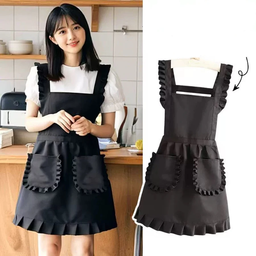 Delantal elegante de moda coreana Delantal de princesa, delantal de comedor impermeable de lona con bolsillos, delantal de poliéster para mujer, Simple S