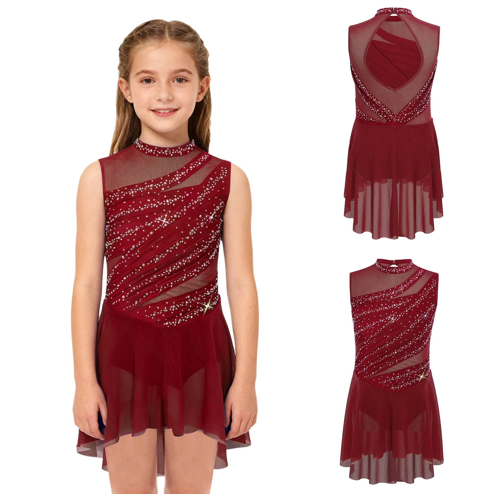 Kinderen Meisjes Lyrische Dans Jurk Prestaties Kostuum Mouwloze Glanzende Strass Ruches Jurk Ballet Hedendaagse Danskleding