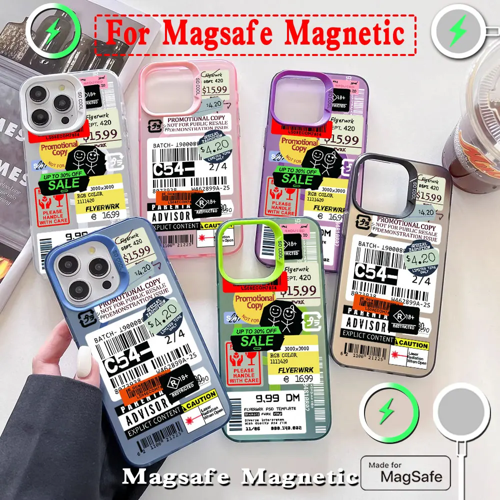 Fashion Stamp Label Barcode Magsafe Magnetic Phone Case for IPhone 11 12 13 14 15 16 Pro Max Plus Border Silver Plated Cover