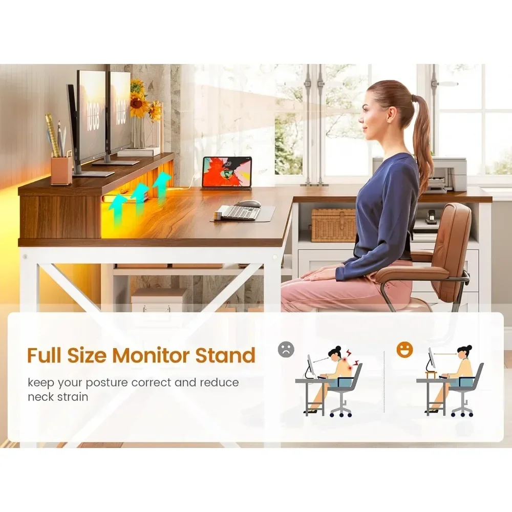 مكتب Farmhouse على شكل حرف L، مكتب مكتب منزلي مقاس 55 بوصة مع أدراج وأرفف تخزين، مكتب ألعاب على شكل حرف L مع أضواء LED،