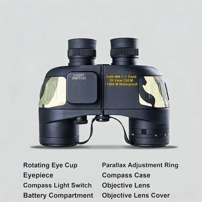 Professional 7X50 High Quality BAK4 Prism Binoculars with Compass Waterproof Binoculars for High Definition Travel