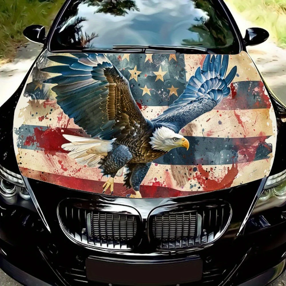 Soaring Eagle Tattered Vintage American Flag Car Hood Wrap Color Vinyl Sticker Truck Graphic Bonnet Auto Accessories Decor Decal