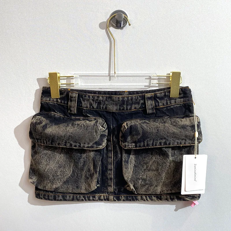 

New Low Waist Mini Skirt with Big Pockets Women's Zippers Skinny Wrap Denim Short Skirts for Ladies