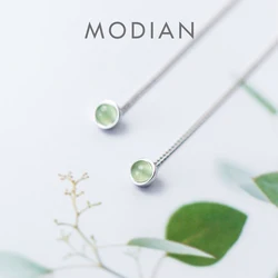 Modian Fashion Dangle Earring 925 Sterling Silver Round Green Opal Long Chain Drop Earrings for Women Authentic Silver Jewelry