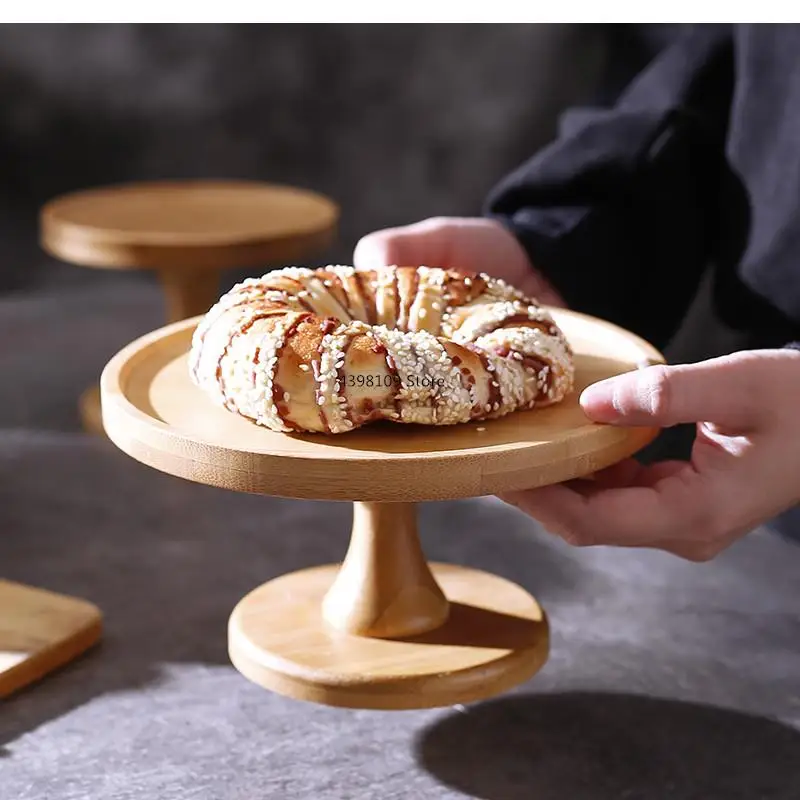 

Natural Bamboo Fruit Plate Dessert Transparent Glass Cover Cake Tray Bread Table Display Stand