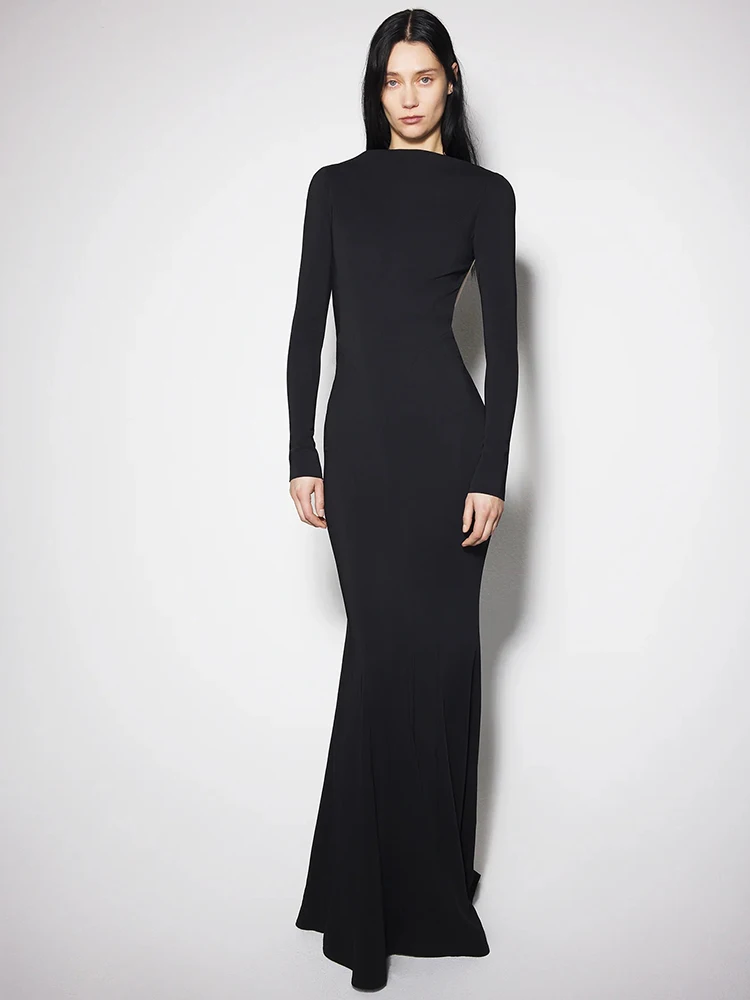 Elegant Backless Black Long Dress for Women – Long Sleeve Slim Fit Cut-Out Formal Evening Gown – Red Carpet Celebrity Style