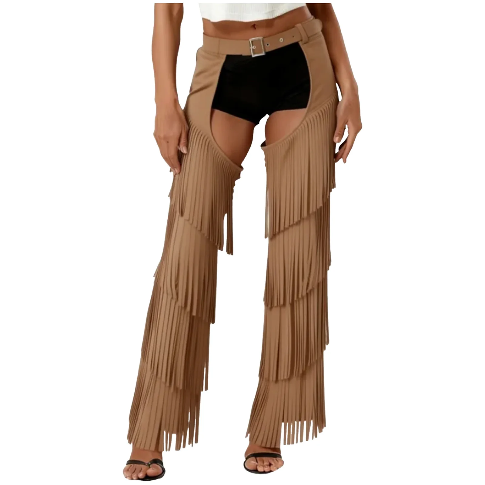 

Women Vintage Western Cowgirl Cosplay Open Crotch Chaps Pants Layered Fringe Style Adjustable Buckles Western Motorcycle Pants