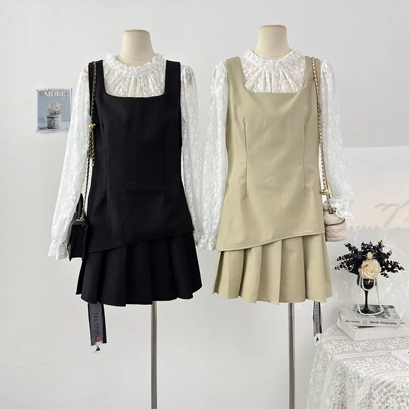 

Нежный стильный комплект: кружевная рубашка с длинными рукавами и ажурным цветочным узором + плиссированное платье-обманка с эффектом двухслойности, элегантный комплект из двух предметов