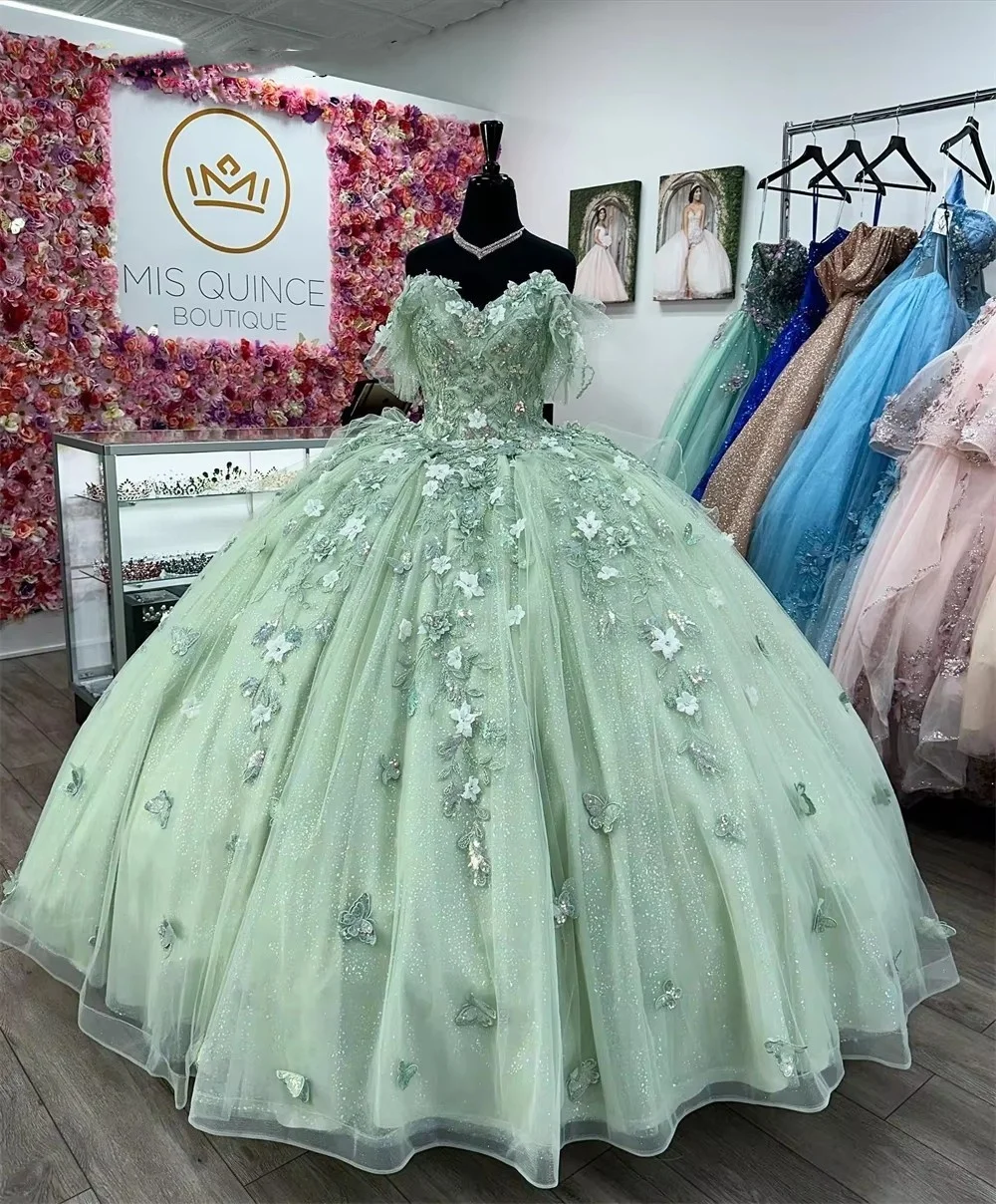 

Sage Green Butterflies Lace Appliques Off The Shoulder Quinceanera Dresses Ball Gown Corset Princess Dress Vestidos De Quinceane