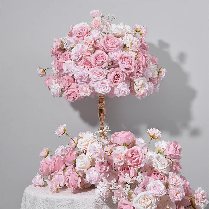 Luxury 40/50/60/70/80cm Pink Flower Ball Rose Baby Breath Floral Arrangement Wedding Table Centerpiece Decor Prop