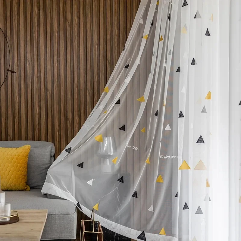 Grey White Yellow Geometric Embroidered Sheer Tulle Curtains For Living Room Mesh Fabric Tulle Kid's Bedroom Yarn Drapes Cortina