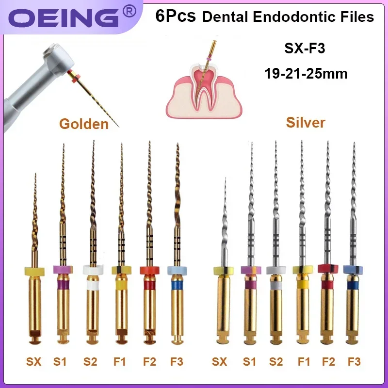 

Стоматологические эндододонтические файлы, 6 шт., золотые гибкие напильники, эндороторные напильники, никелевый тиниевый инструмент, диаметром 21/25 мм, стоматологические инструменты