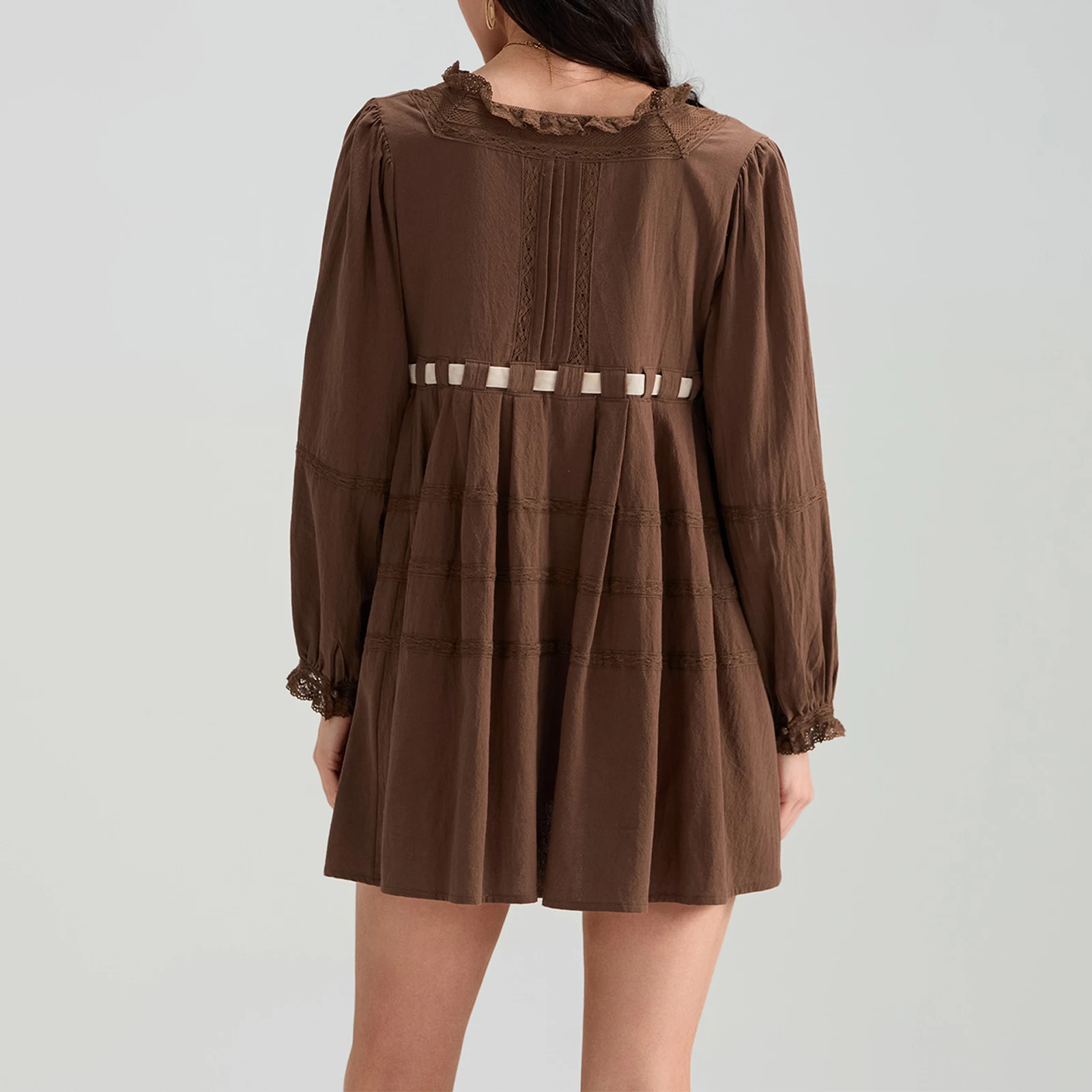 المرأة ريترو ربطة القوس فيونكة فستان بيبي دول صغير ربيع الخريف لطيف التطريز الأزهار تي شيرت فستان Y2k كم طويل قصير فستان الشمس Flowy