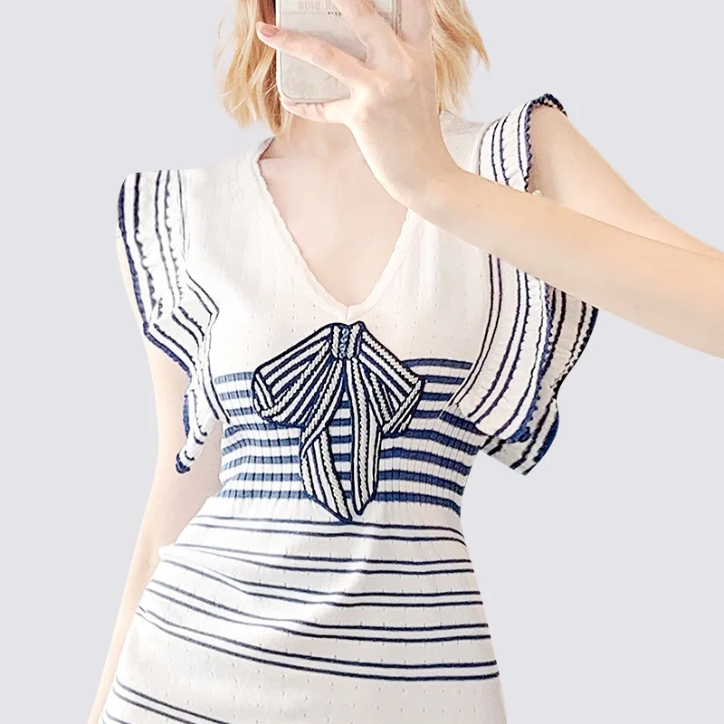 New Summer Women's Sweet Striped Color Blo Dr Slimming High Waist ort V-Ne H-ape Skirt Commute Sle Faion Design