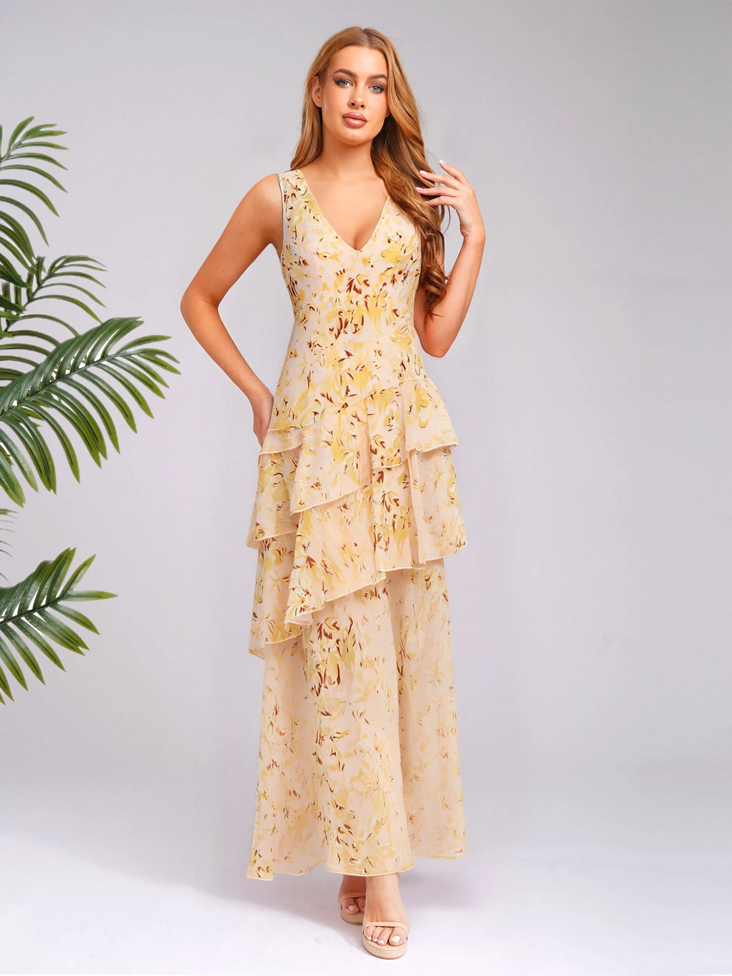 فساتين نسائية صيفية بوهو فستان صيفي مطبوع عليه زهور ورقبة على شكل V بدون أكمام مفتوح الظهر من الشيفون فستان ماكسي ملابس بحر لقضاء عطلة استوائية