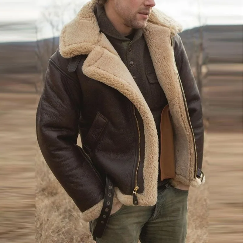 KIDWHXR Winter Herren Plüsch-Lederjacke Modische Verdickte Warme Langarm-Männerjacke Lose Lässige Winddichte Herren-Oberbekleidung