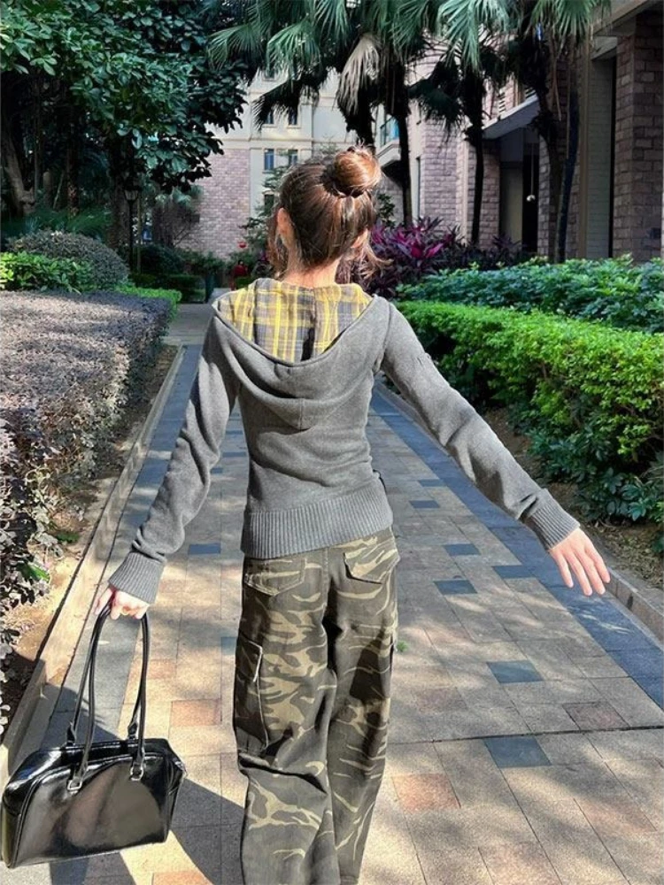 2000s American Vintage Slim Hooded Sweatshirt Y2k Harajuku Streetwear Autumn Subculture Hoodies Plaid Patchwork Hoodies Cardigan