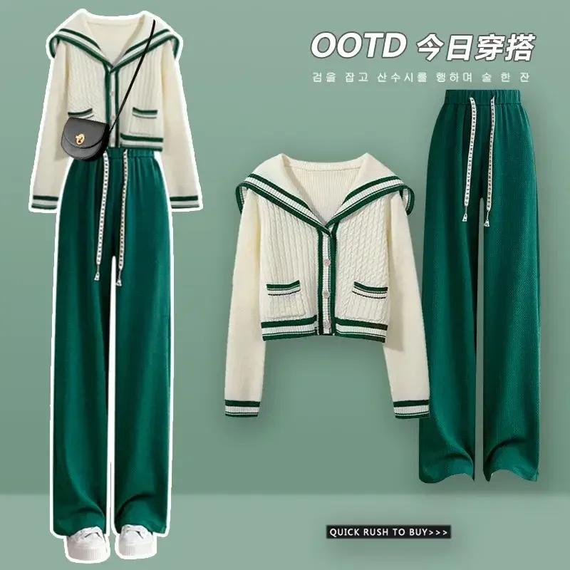 

2024New Knit Spring Preppy Style Sailor Collar Women Knitted Cardigan Elastic Wide Leg Pant Long Sleeve Korean Outfit Tracksuit