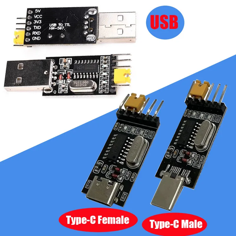 USB To TTL Serial Adapter CH340G - 3.3V/5V Type-C Male/Female Converter Module for Arduino/STM32 Win/Mac/Linux Driver