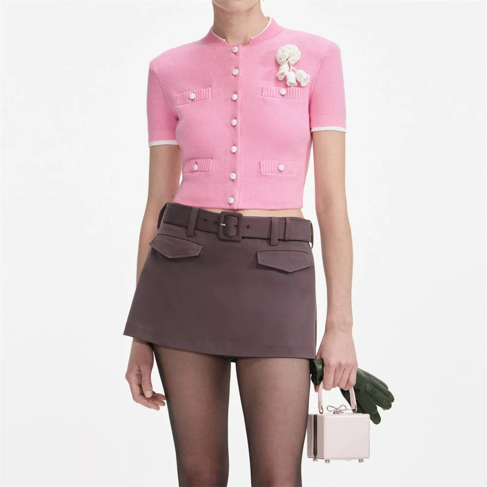 

traf 2025 woman summer T-shirt knitted stretch applique corset tops y2k New fashionable high quality versatile tight cardigan