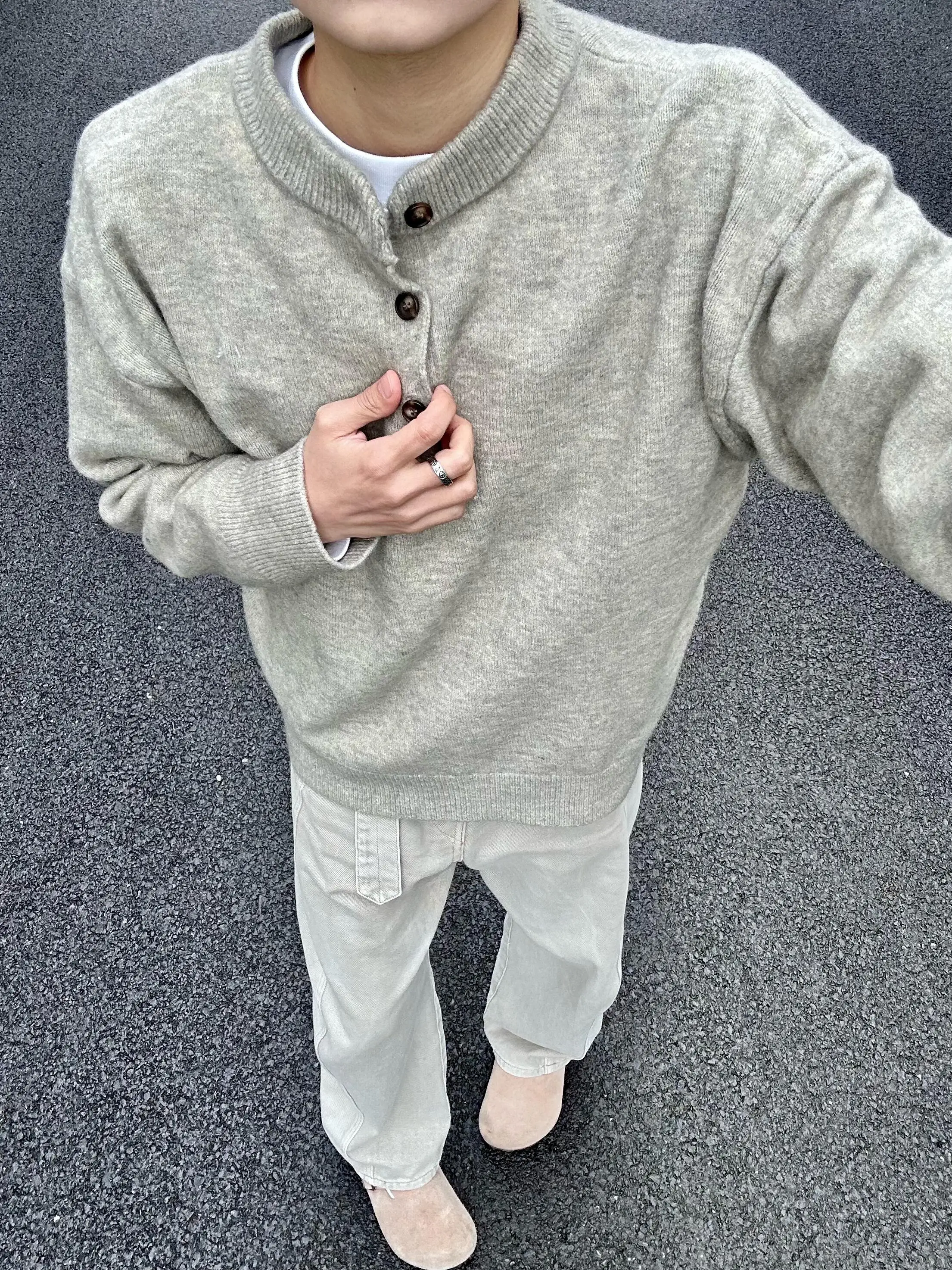 

Мужской трикотаж с воротником Генри, винтажный свободный крой, длинный све, базовый слой, повседневная одежда для осеннего сезона