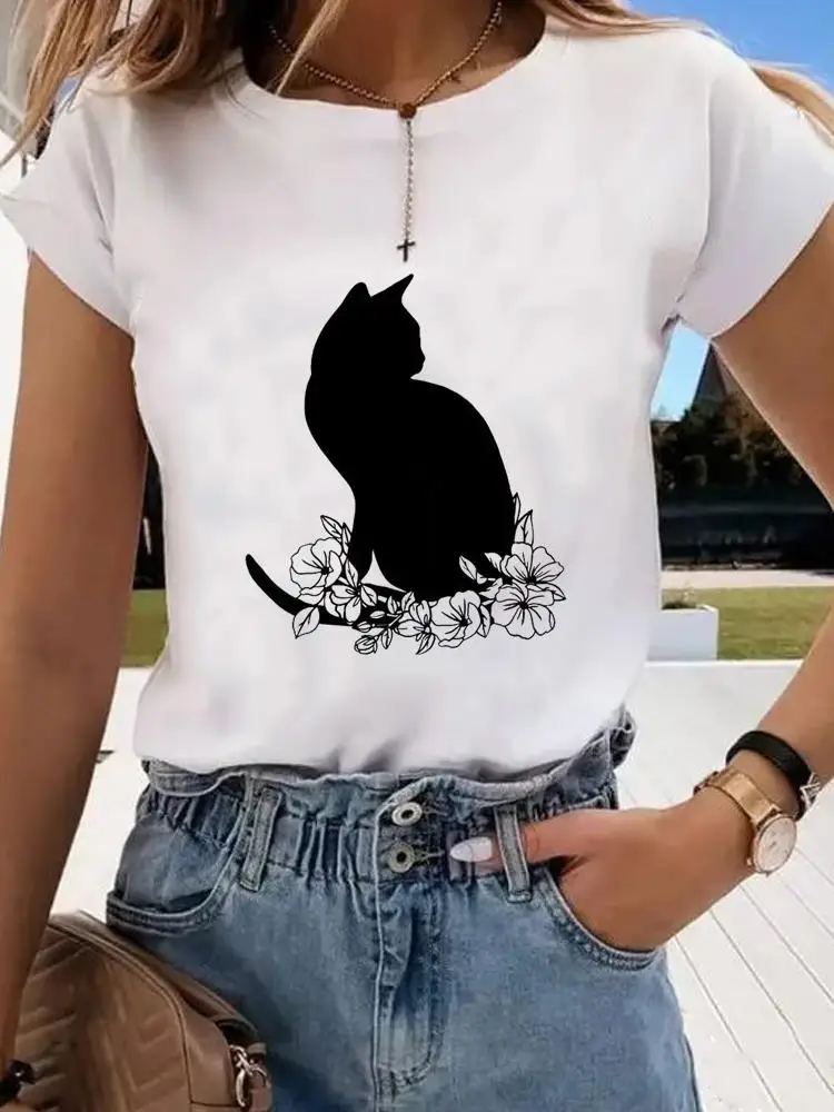 半袖プリント服女性春夏女性 Tシャツファッション猫愛甘いバレンタインシャツ女性グラフィック Tシャツ服
