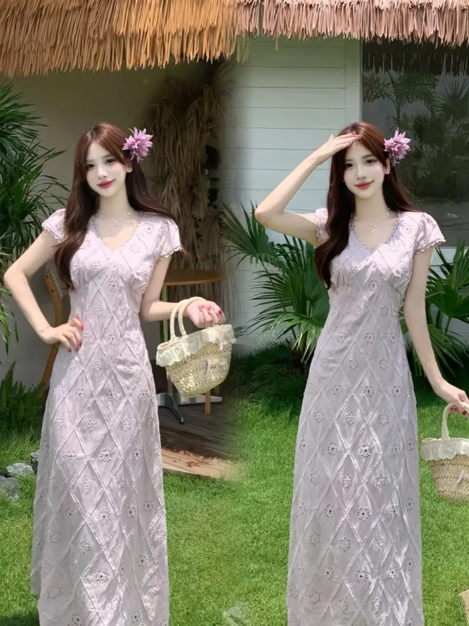 

Elegant Large Size V-Neck Long Dress Feminine Style Heavy Embroidery Pink Color Summer Sweet A-Line Skirt for plus Size Women