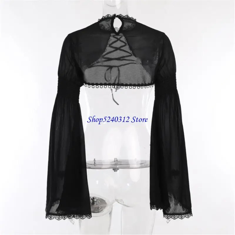 

634C Vintage Lace Shirt Shrug Gothic Sexy Long Sleeve Crop Top for Women and Girls