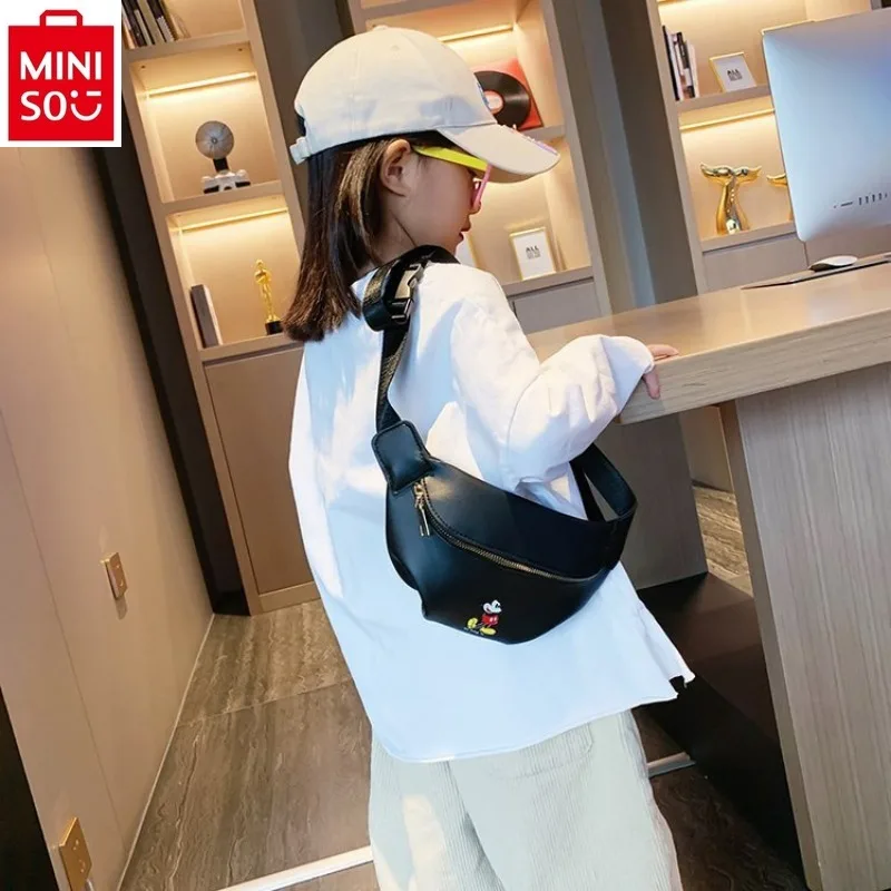 MINISO   Disney Cartoon Mickey Fashion Chest Bag for Students, High Quality PU Adorable Multi functional Storage Waist Bag