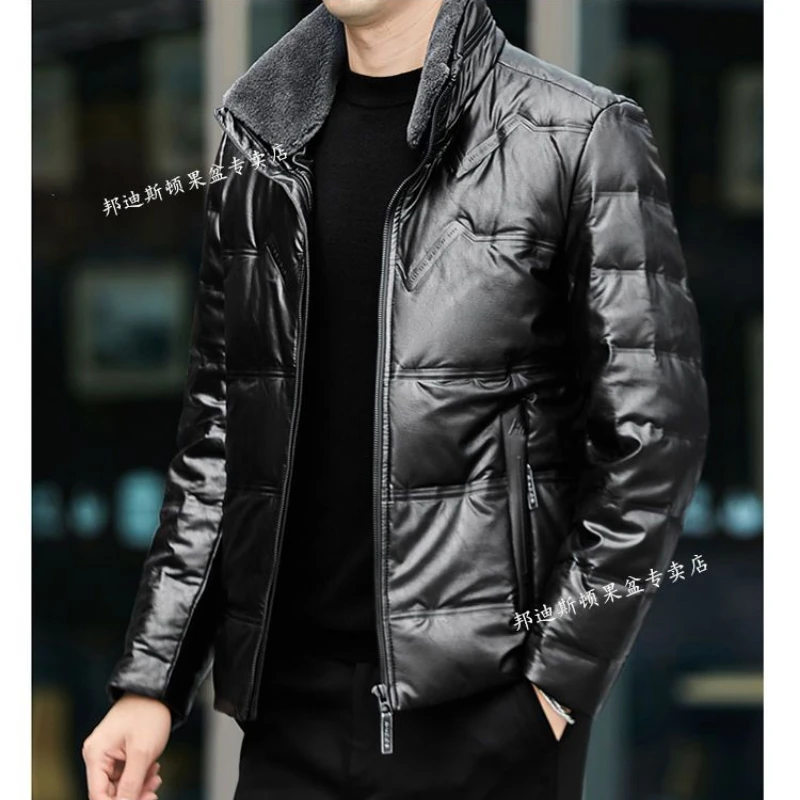 Higher Quality Mens Leather Jacket Winter Windproof 90% White Duck Down Down Jacket Collar Thick Warm Coat Outwear Puffer Coats