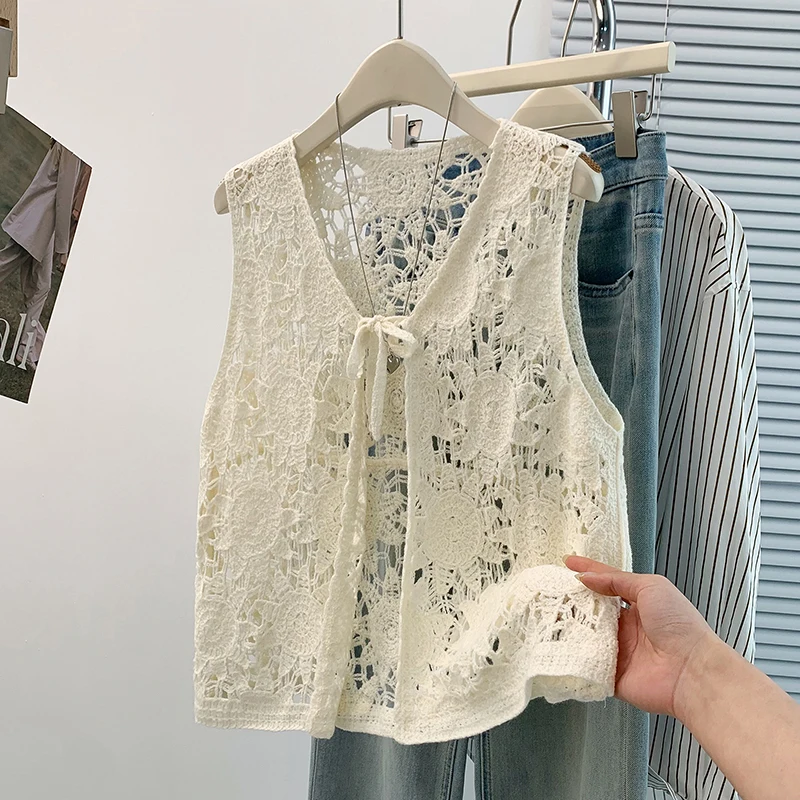 

Tie Front Crochet Cardigan Floral Embroidered Guipure Lace Blouse Sleeveless Open Knit Tie-Up Waistcoat Summer Tops Beach Boho