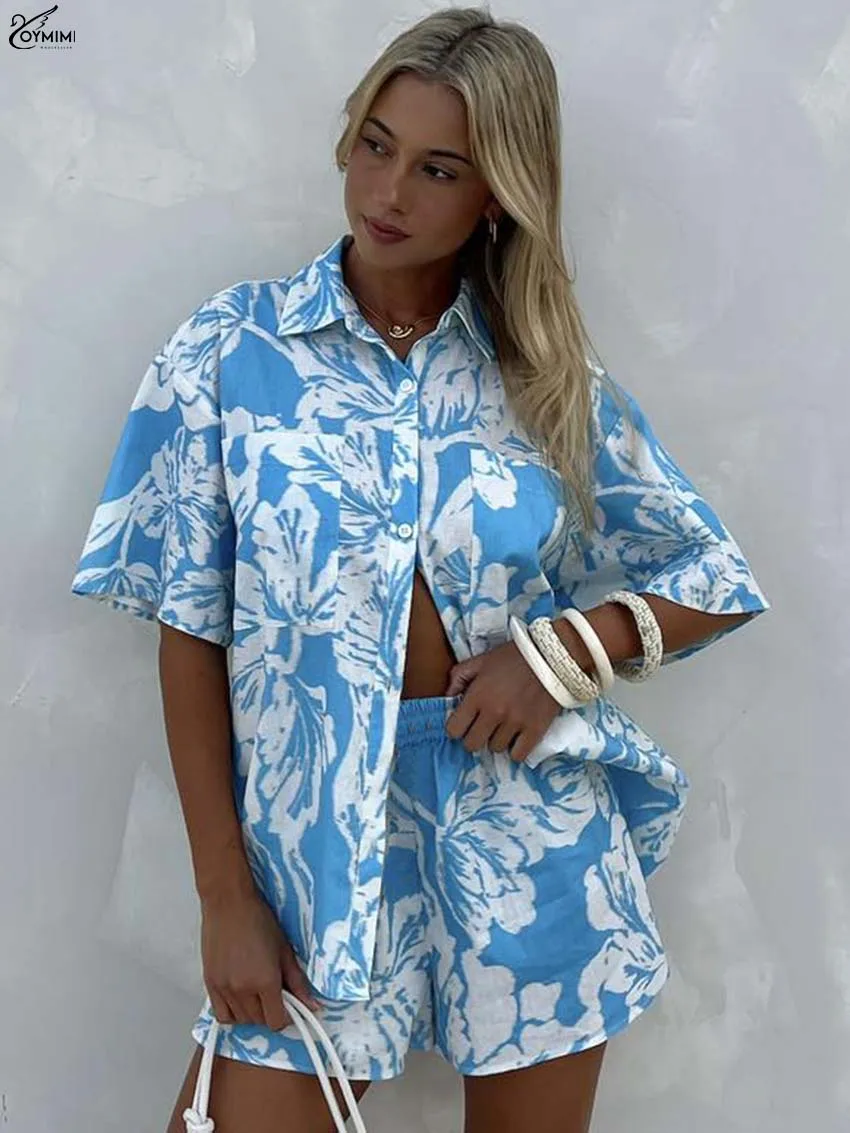 

Oymimi Casual Blue Print Women's Two Pieces Set Fashion Half Sleeve Single Breasted Pockets Shirts And High Waist Shorts Sets