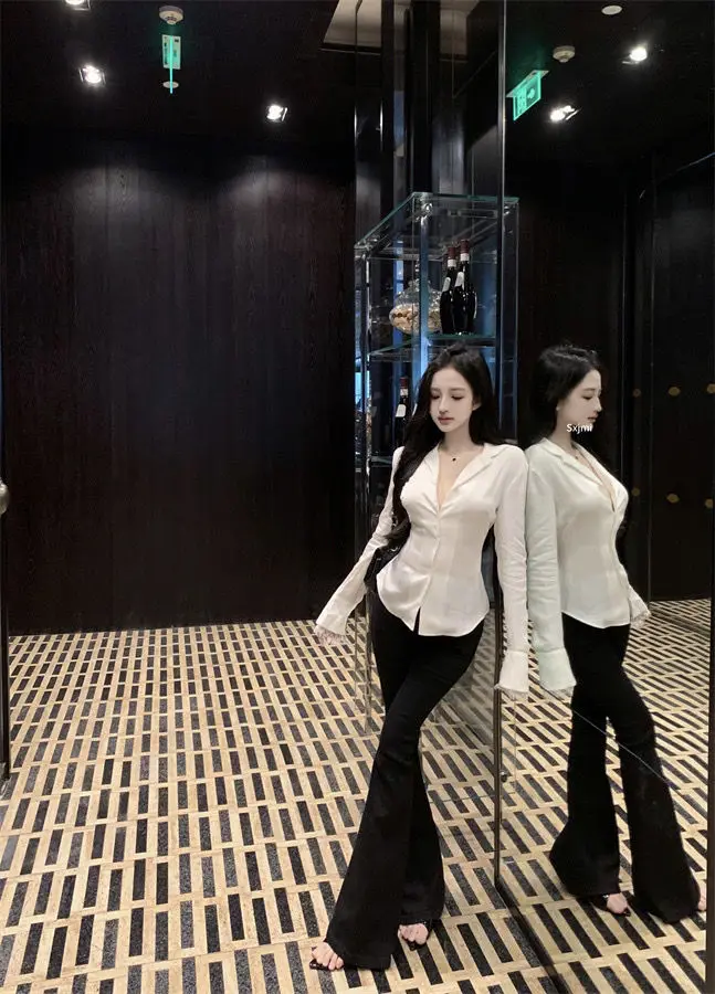 Backless Lace Youthful Fashion Black Long Sleeve Shirt Women V Neck Patchwork Elegant Basic Blouse Lady Office Casual White Top