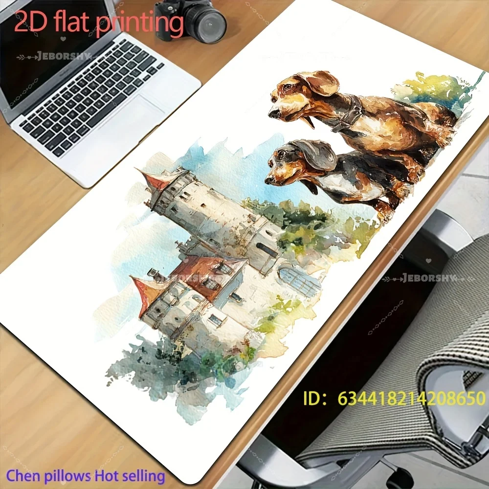 Adorable Dachshund Watercolor Desk Mat - Extended Anti-slip Gaming Mouse Pad, Castle & Nature Background, Great Gift