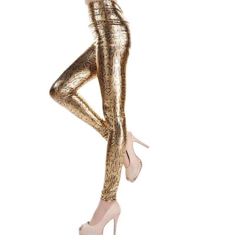 50LE Wet Look Glossy Faux Leather Leggings Leopard Snake Pattern High Waist Ankle Tights Pants Skinny Trousers for Women