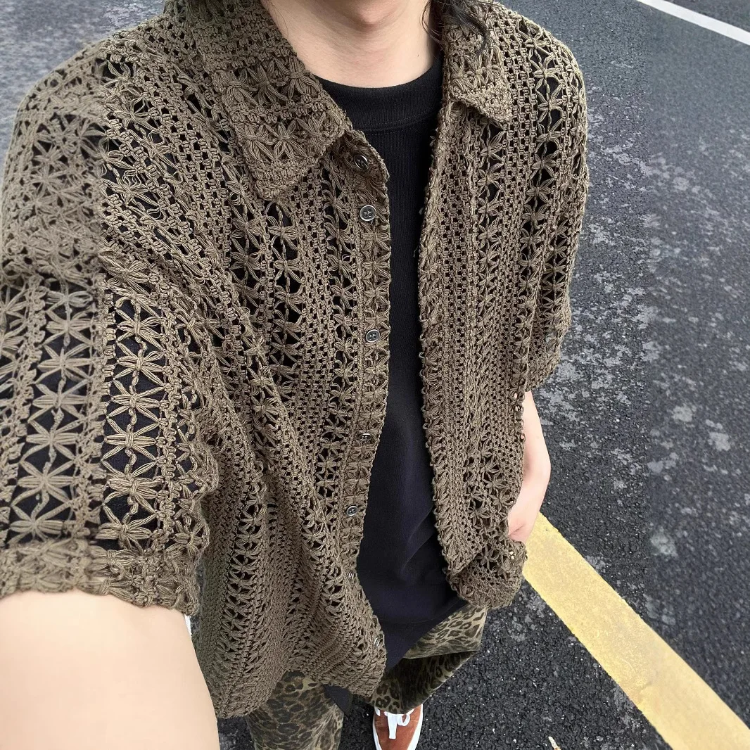 Green Hollow Shirt Jacket Men's Short Sleeve Summer Thin American Retro Resort Style Half Sleeve