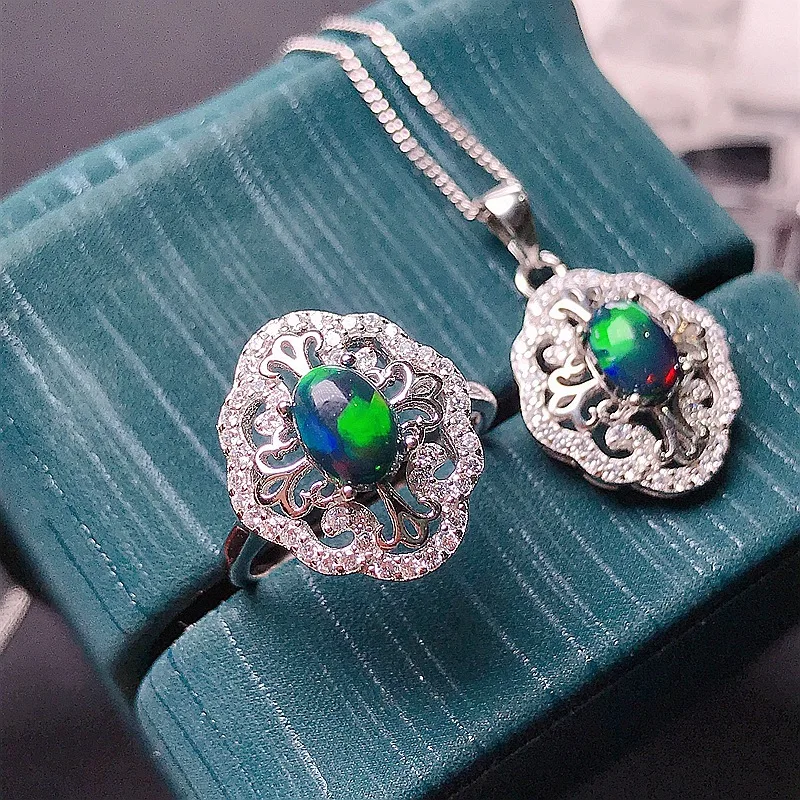 S925 Silver Handcrafted Vintage Hollow Carving Jewelry Set Natural Black Opal 5*7mm Oval Stone Halo Crystal Ring & Necklace