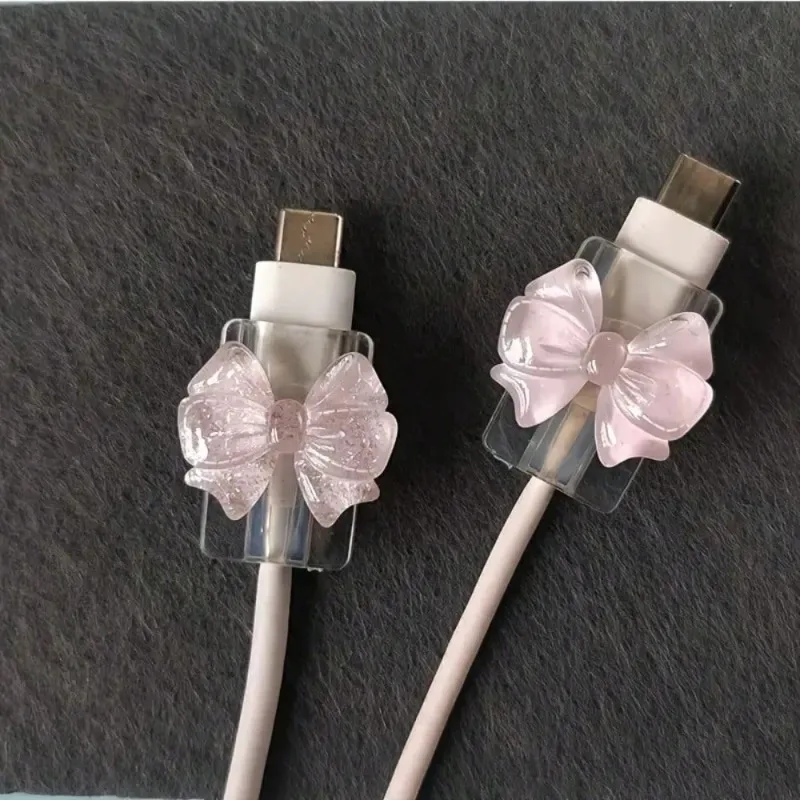 2Pcs Lovely Pink Bow Silicone Charger Cable Protector Sleeve Cable Holder Clip Anti-break Transparent Cord Cover Wrap