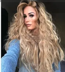 100% Human Hair New Women's Long Natural golden blond Wavy Full 28 Inch Wigs