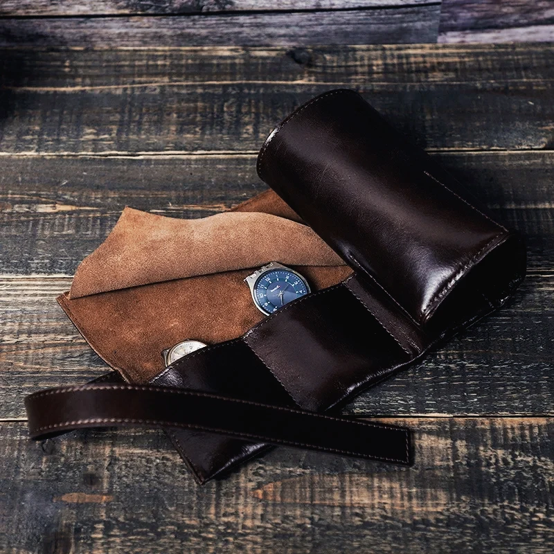 

Leather Watch Box Organizer Men’s Travel Storage Bag Luxury Retro Oil Wax Roll Up Case Stylish Leather Watch Holder