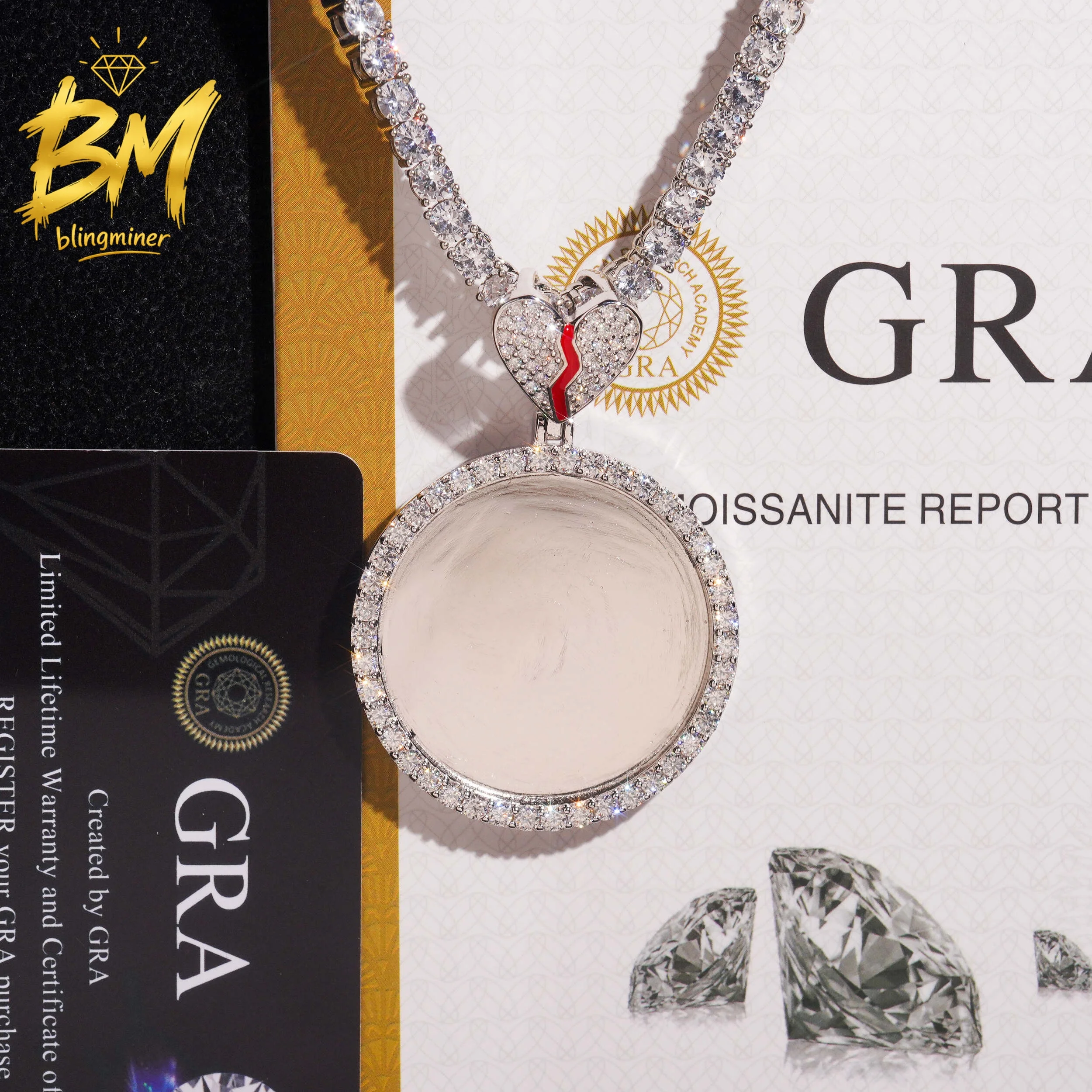 Blingminer Heart Bale Silver Photo S925 Silver VVS Moissanite Pendant For Men Women Pendants Jewelry Pass Diamonds Tester