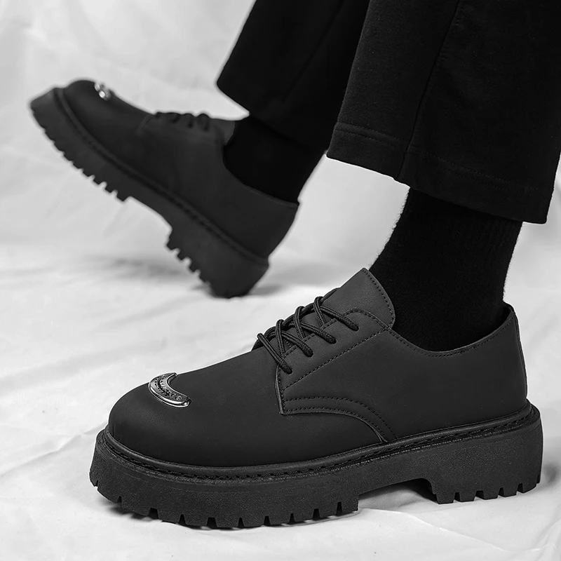 

Men Brand Thick Soled British Leather Shoes Spring Black Versatile Luxury Loafers Comfortable Casual Business Dress Shoes 39-44