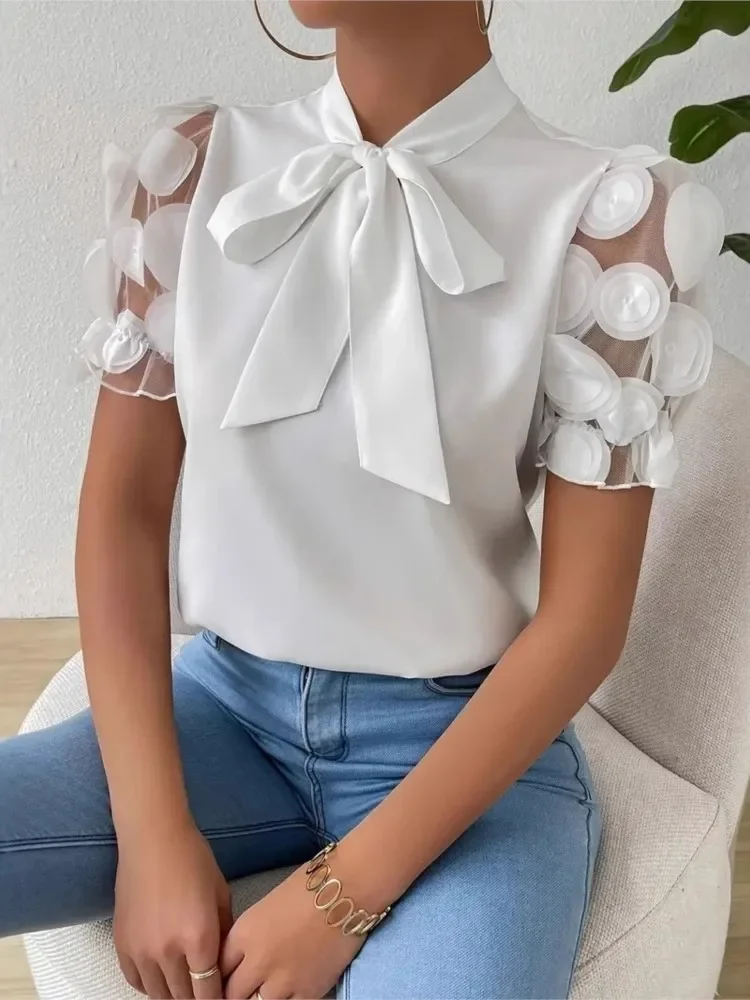 

Women's Casual Commuting Solid Color blouse Shirt Spring And Summer Fashion Simple Style Tie Bow Short-sleeved Shirts