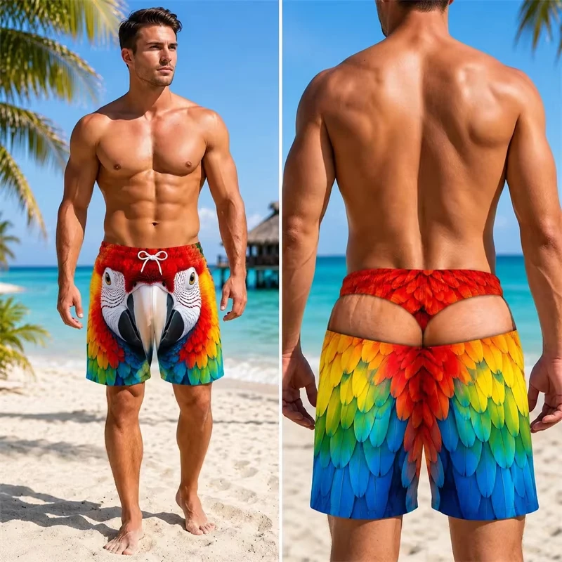 Funny Animal Mischief Swim Trunks For Men Beach Party Unique Drawstring Beach Shorts Fashion 3D Print Novel Wolf Leopard Parrot