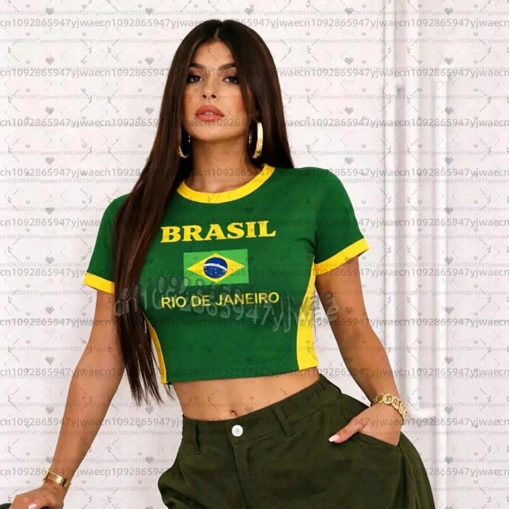 Cheerleader-Fußballtrikot für Damen mit BRASIL FLAG-Print, 3D-Muster-Flaggen-Crop-Top, sommerliches, lässiges Streetwear-T-Shirt für Fußballfans