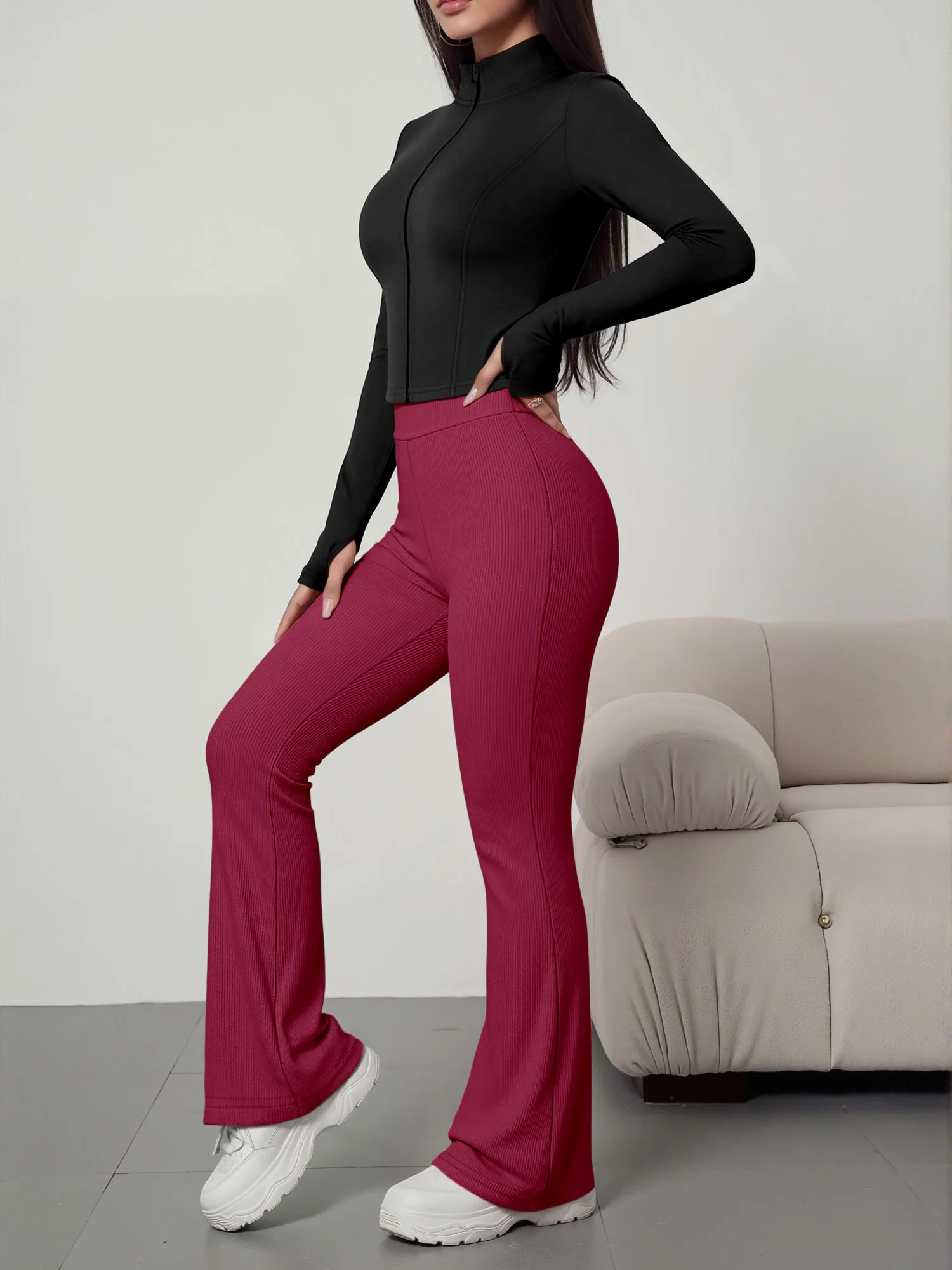 European American Women Ribbed Knit Two Piece Set, Long Sleeve Zip Top With High Waist Flare Pants, Casual Slim Daily Outfit