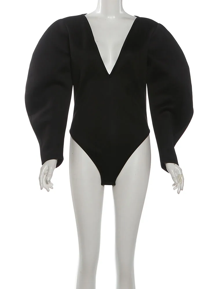 Kliou Sexy Fashion Bodysuits Woman Autumn Trend Low-Neck Puff Sleeve Skinny Stretch Hot Girls High Street Style Classic Bodycon