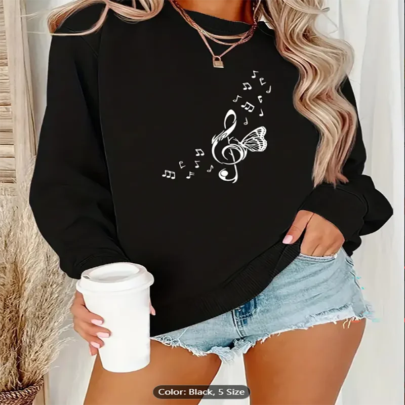 

Женская черная толстовка с музыкальной нотой и бабочкой с графическим принтом, повседневный пуловер большого размера, топ для любителей музыки, комфорт из чистого хлопка